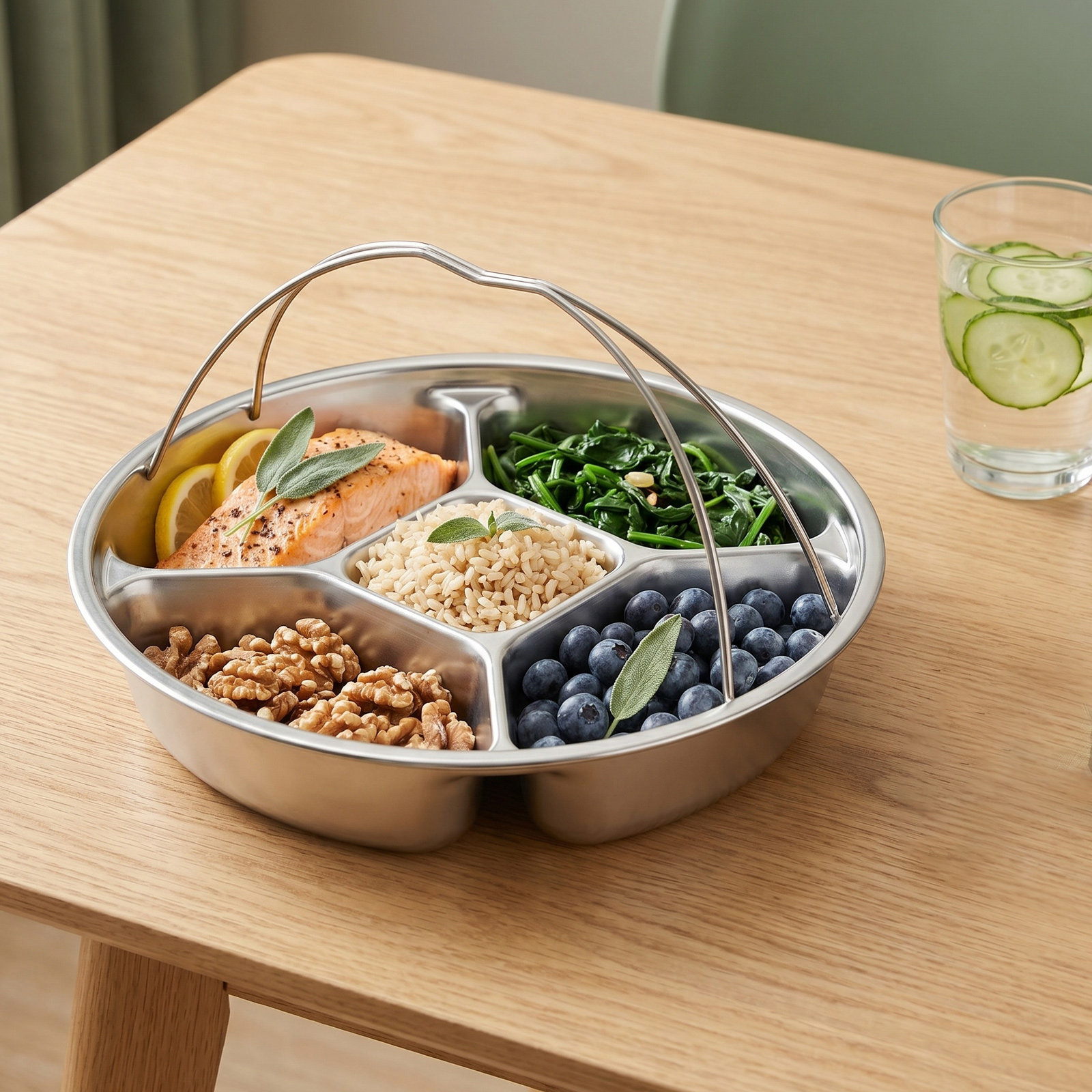 Meal Prep Kitchen - Stainless Steel Portion Control Plate 5-Compartment